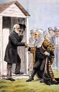 Goodbye to Judge Clark from St Stephens Review Presentation Cartoon 8 Dec 1888 by Tom Merry