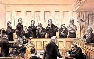 Scenes in the Liberal Union No 4 The Magistrate and the Refractory Casuals from St Stephens Review Presentation Cartoon 4 Dec 1886