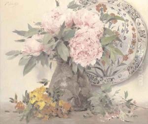 Peonies in a vase with an ornamental plate