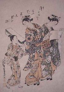 Two geisha and a boy carrying a shamisen case Edo Period 1756 by Okumura Masanobu