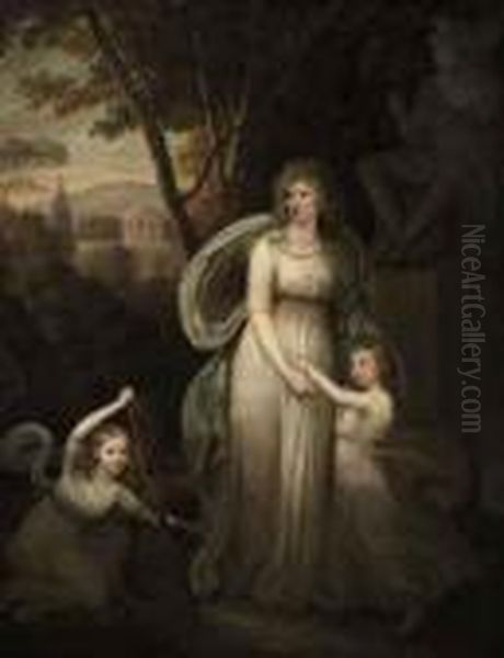 Portrait Of A Lady, With Two
Children, Possibly Members Of Thelichtenau Family, Full-length, In A
Classical Landscape - view 1