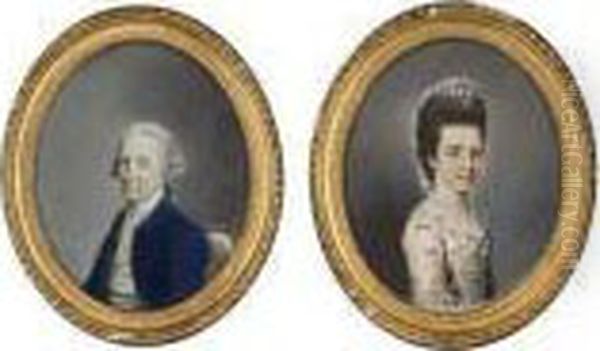 Portrait Of A Lady, Half-length,
 In A Floral Dress With A Laceheaddress; And Portrait Of A Gentleman, 
Half-length, In A Blue Coatand Pale Yellow Waistcoat - view 1