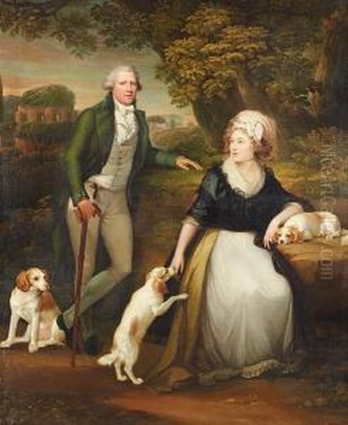 Portrait Of A Lady And Gentleman
 In An Italianate Landscape With Their Three Spaniels, A Villa In The 
Background - view 1