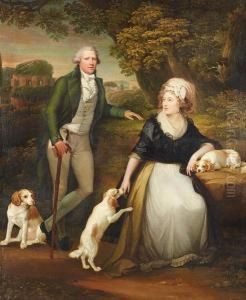 Portrait Of A Lady And Gentleman
 In An Italianate Landscape With Their Three Spaniels, A Villa In The 
Background