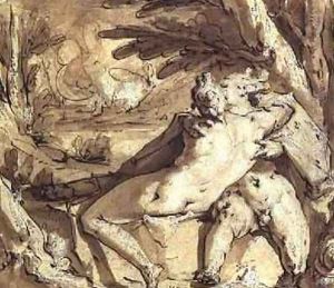 Nude couple seated embracing by a tree