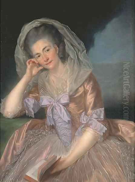 Portrait of Elizabeth Hervey (1733-1800), wife of the 4th Earl of Bristol, three-quarter-length, seated in a salmon pink dress with lilac bowes - view 1