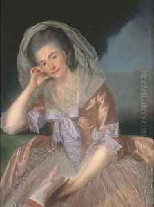 Portrait of Elizabeth Hervey (1733-1800), wife of the 4th Earl of Bristol, three-quarter-length, seated in a salmon pink dress with lilac bowes by Anton von Maron