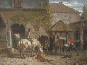 Shoeing horses at the blacksmith by Joseph Jodocus Moerenhout