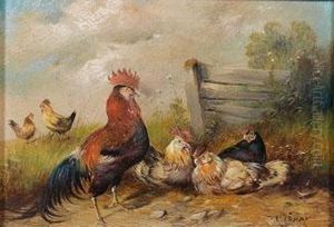 Stolzer Hahn Mit Seiner Hennenschar Vor Einem Wiesengatter by Max I Hanger