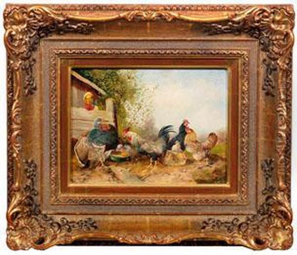 Sommerliches Tieridyll Mit Huhnerschar Und Truthahn Am Stall - view 1