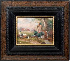 Vogelgruppe Mit Enten, Truthahnpaar Und Goldfasanen Am Weiher by Max I Hanger
