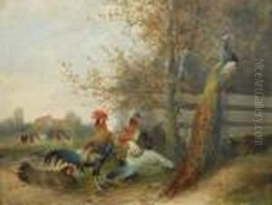 Two Paintings. A) Poultry And
Peacock In The Farmyard. Signed Bottom Left: M. Hanger Sen. Munich. Oil
On Wood. 25,5 X 34cm. Frame. by Max I Hanger