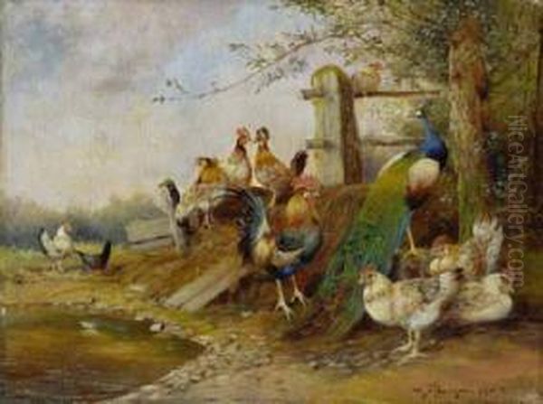 Huhnerhof Mit Hahn, Hennen Und Pfau. - view 1