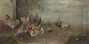Hahn Mit Neun Huhnern Am Tumpel by Max I Hanger
