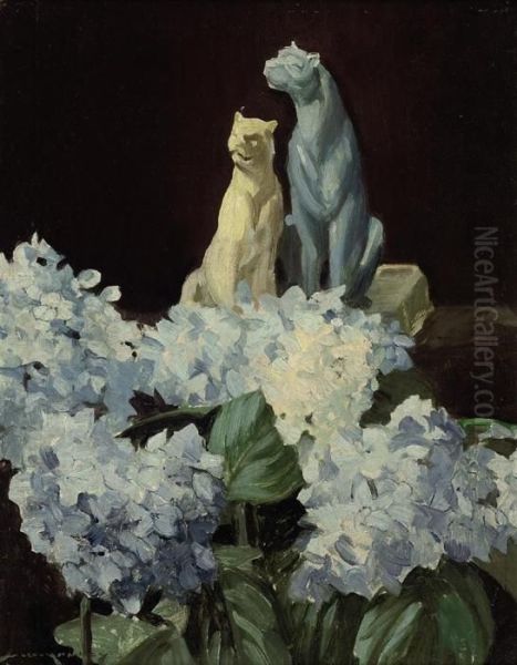 Blue Hydrangeas And Two Cats - view 1