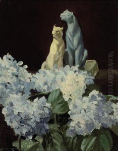 Blue Hydrangeas And Two Cats by William Lee Hankey