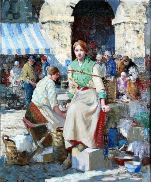 Figures In A Market Place In A French Town - view 1