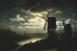 Nocturnal Landscape and Windmills by Jozef Marszewski