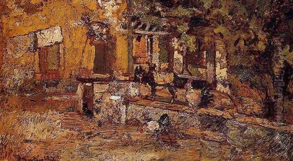 Farmyard with Donkeys and Roosters - view 1
