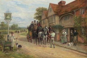A Coach And Four Outside The Swan Inn by Heywood Hardy