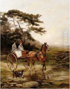 Two Ladies Crossing A Woodland Stream In A Gig by Heywood Hardy