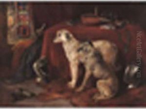 Deerhoundsin An Interior Signed, Oil On Canvas 18 X 24in
