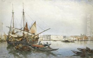 Boats In The Bacino Di S.marco, Venice, With The Doge's Palace Beyond by Thomas Bush Hardy