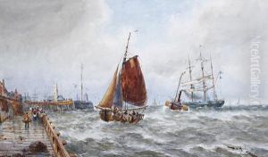 Fishing Boat And Other Vessels By A Harbour by Thomas Bush Hardy