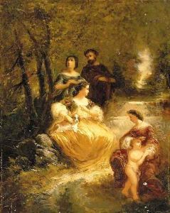 Figures by a stream in a woodland glen