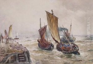Fishing Boats And A Paddle Steamer Leaving Harbour by Thomas Bush Hardy