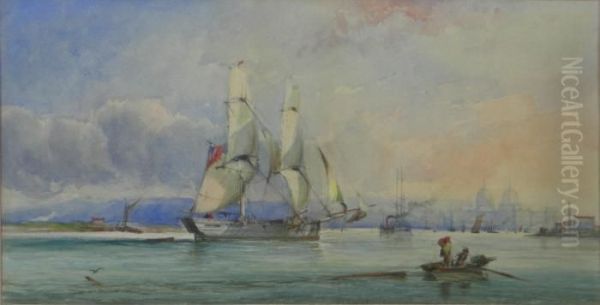 Sailing Boat With A Harbour In The Distance - view 1