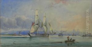 Sailing Boat With A Harbour In The Distance by Thomas Bush Hardy