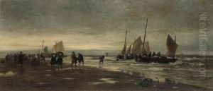 Dutch Fisherfolk Unloading The Day's Catch Onto The Beach Atscheveningen