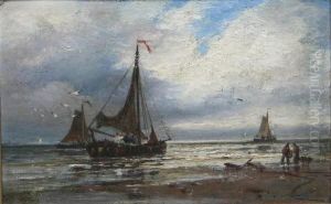 Fishing Boats By Shore With Figures On Beach by Thomas Bush Hardy