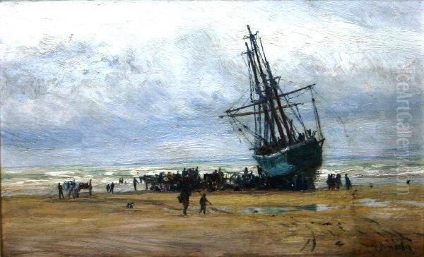 Beached Three Masted Vessel With Figures - view 1