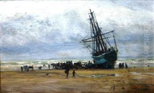 Beached Three Masted Vessel With Figures
