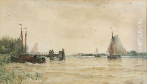 Yachts On The Water With Figures On The Stockade by Thomas Bush Hardy