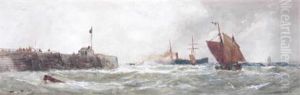 Fishing Boats And A Steamer Leaving Harbour by Thomas Bush Hardy