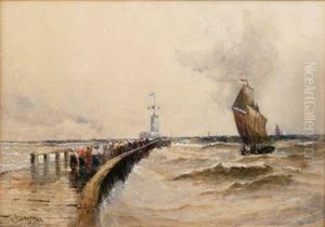 Figures On A Jetty With Fishing Boats Leaving Harbour