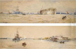A Training Hulk On The Medway; Upnor Castle On The Medway by Thomas Bush Hardy