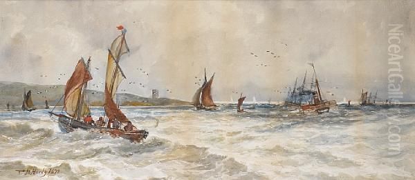 Fishing Boats And A Paddle Steamer Offreculver. Watercolour, Signed And Dated 1878. - view 1