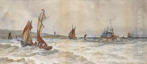 Fishing Boats And A Paddle Steamer Offreculver. Watercolour, Signed And Dated 1878.