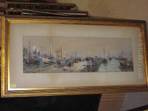 An Old Dutch Port, Fishermen And Women On A Busy Pier In The Harbour by Thomas Bush Hardy