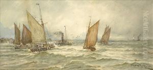 Fishing Boats And Paddle Tug Off A Pier by Thomas Bush Hardy