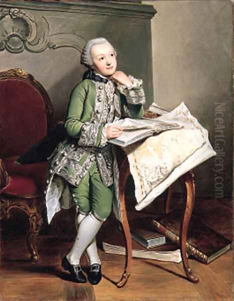 Portrait of Prince Friedrich-Franz I zu Mecklenburg-Schwerin (1756-1785), small full-length, in an embroidered green suit, at his studies - view 1