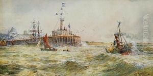 Paddle Steamer And Other Craft At A Harbour Mouth by Thomas Bush Hardy