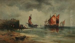 Coastal Scene With Fishing Boats And Figures By A Jetty