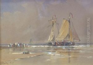 Boats And Figures On A Beach At Low Tide by Thomas Bush Hardy