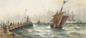 Figures On A Jetty With Shipping
 In The Channel Beyond(illustrated); And A Blustery Day In The Channel 
Off Dover