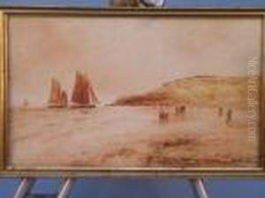 British, Figureson A Sandy Beach With Fish Smacks Off Shore